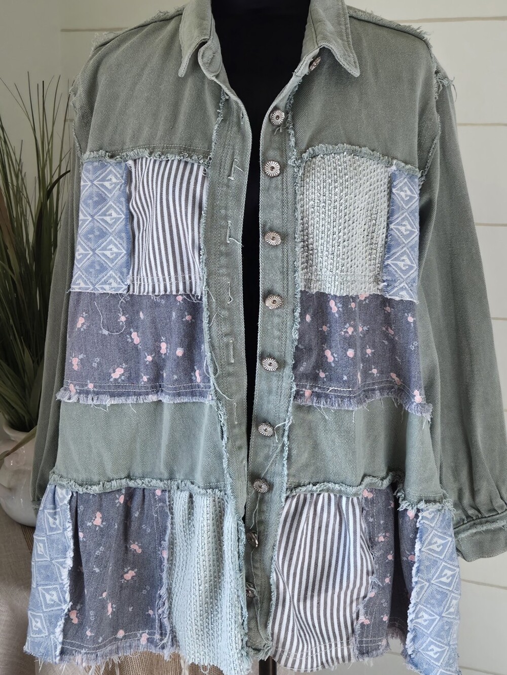 POL S Floral Stripe Patchwork Denim Art To Wear Western Boho Shacket Jacket